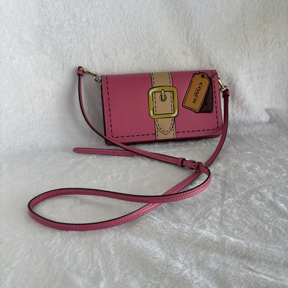 COACH Anna Foldover Crossbody Clutch Pink Pebble Leather Trompe L'oeil CH181 - Picture 2 of 16